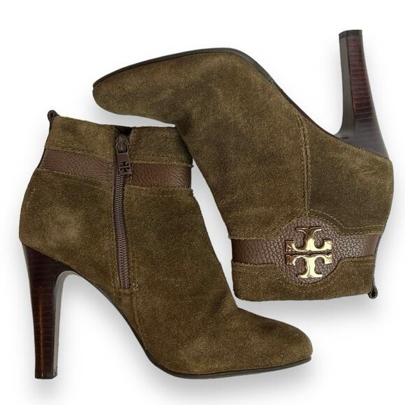 Tory Burch Alaina Green Suede Leather Heeled Booties size 6M - Picture 2 of 12